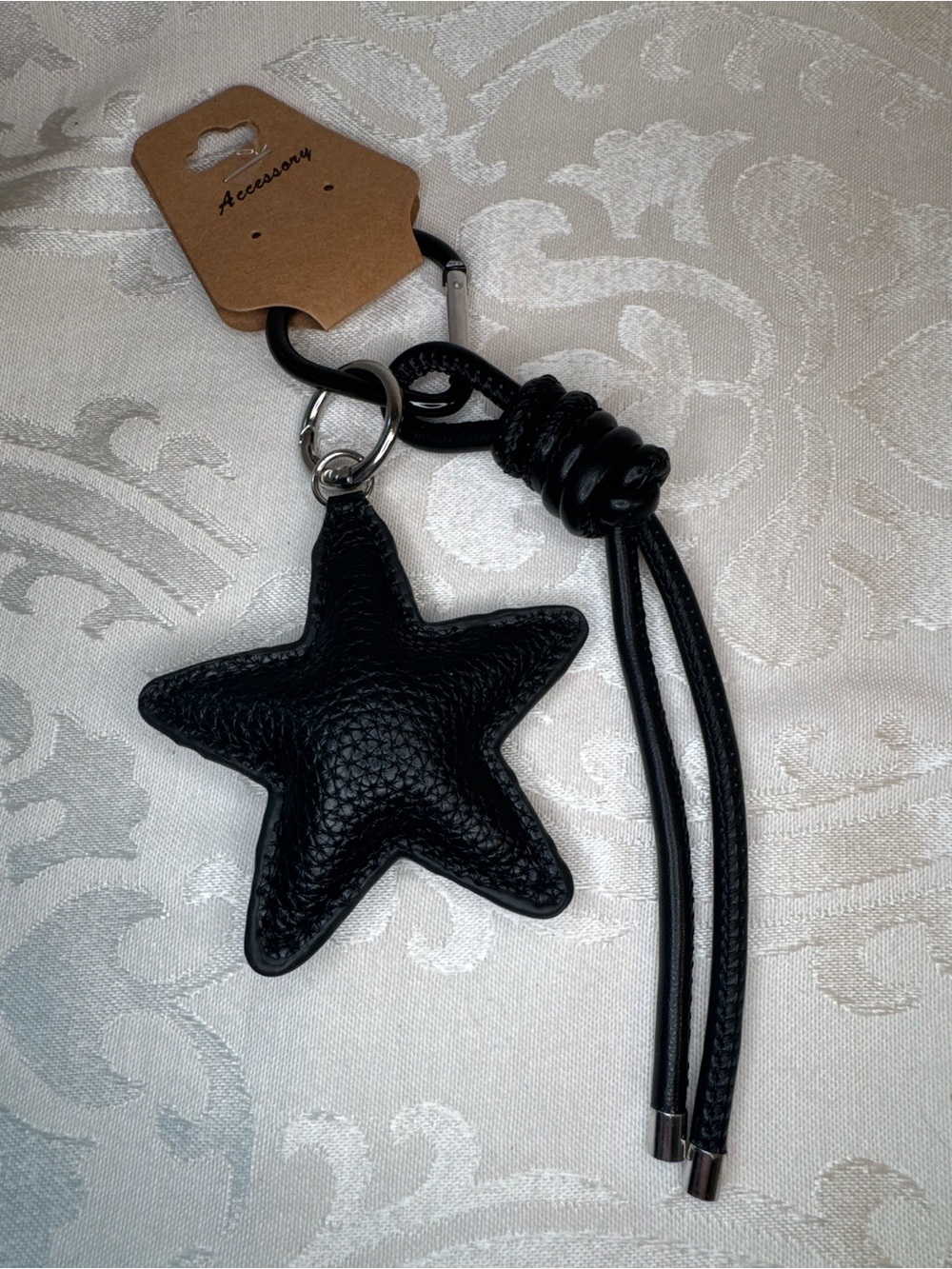 New Black Star Faux Leather Keychain Bag Charm - with shoelace